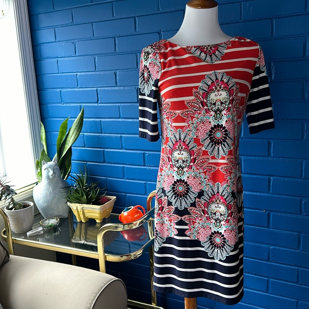 Eliza printed shift dress petite women 4p orange floral blue
